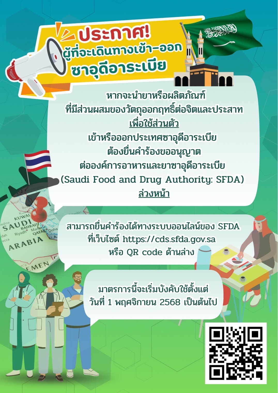 ประกาศ! คนไทยที่จะเดินทางเข้า-ออกประเทศซาอุดีอาระเบีย และจำเป็นต้องพกยาที่มีส่วนผสมของยาหรือวัตถุออกฤทธิ์ต่อจิตและประสาทติดตัวไปด้วย
